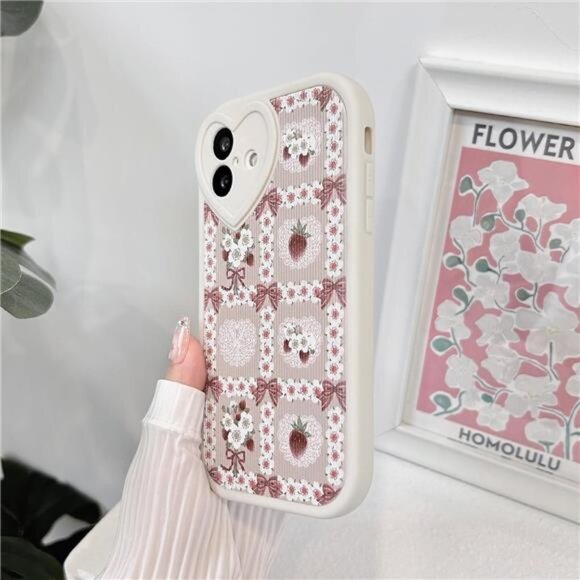 Lace Floral Strawberry Bow iPhone 16 Case Soft Pink Kawaii Shockproof - Picture 2 of 7